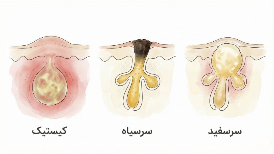 مقایسه تصویری سه نوع اصلی آکنه: جوش سرسفید (کومدون بسته)، جوش سرسیاه (کومدون باز و اکسید شده) و آکنه کیستیک (التهاب عمقی و دردناک)