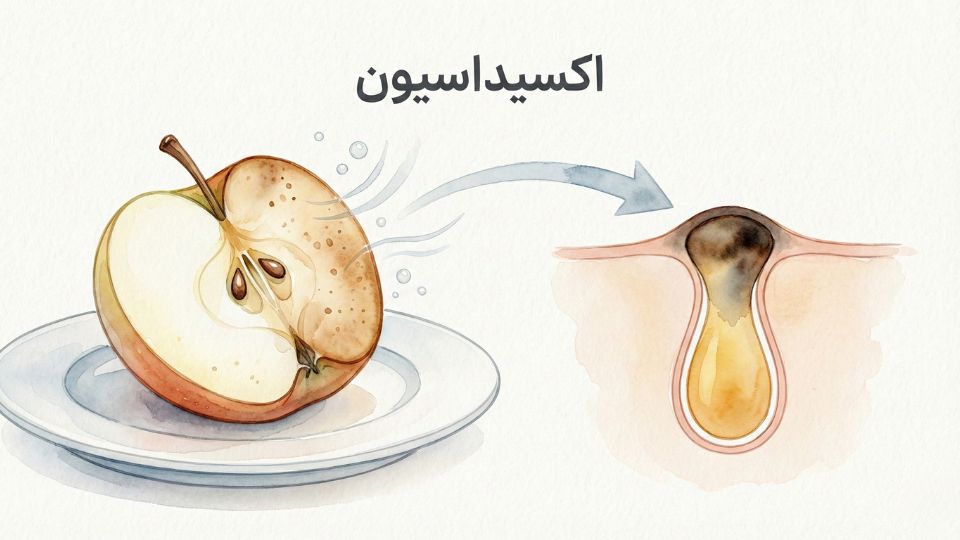 توضیح تصویری اکسیداسیون جوش سرسیاه با استفاده از قیاس سیب برش‌خورده که در مجاورت هوا قهوه‌ای می‌شود، نشان‌دهنده تغییر رنگ چربی پوست به سیاه