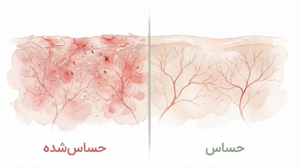 مقایسه بصری پوست حساس ژنتیکی (نازک با مویرگ‌های قابل رویت) در برابر پوست حساس‌شده (آسیب سد دفاعی به دلیل لایه‌برداری بیش از حد و اسکراب خشن)