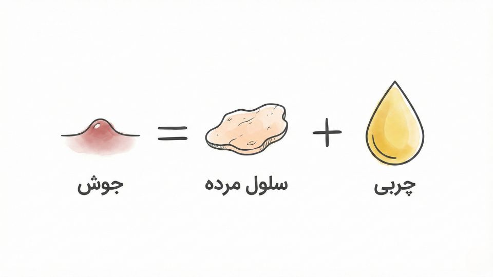اینفوگرافیک معادله علمی تشکیل آکنه: چربی پوست (سبوم) به اضافه سلول‌های مرده به اضافه باکتری برابر است با ایجاد جوش و التهاب