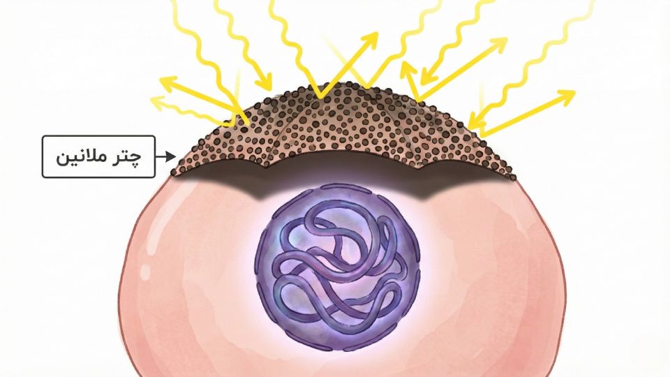 نمودار آموزشی سلول پوست که با چتر ملانین از هسته خود در برابر اشعه UV و لک صورت محافظت می‌کند
