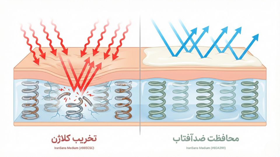 نمودار مقایسه تاثیر ضدآفتاب در جلوگیری از شکستن کلاژن و پیشگیری از چروک صورت
