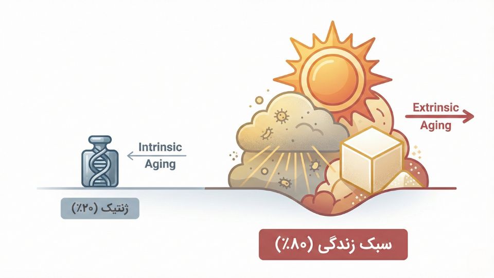 اینفوگرافیک مقایسه تاثیر ژنتیک ۲۰ درصد و سبک زندگی ۸۰ درصد بر پیری زودرس پوست

