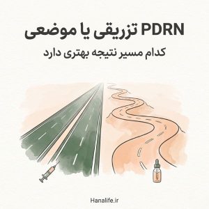 تصویر مقایسه‌ای PDRN تزریقی و موضعی به شکل دو جاده — اتوبان و مسیر کوهستانی — در سبک ایلوستریشن مینیمال