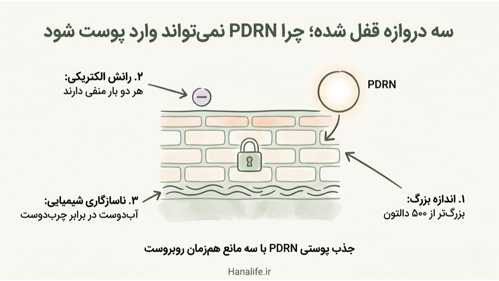 ایلاستریشن سه مانع جذب پوستی PDRN — اندازه مولکول، بار الکتریکی منفی، و ناسازگاری شیمیایی با پوست