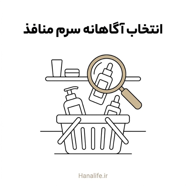 سبد خرید خطی با ذرهبین روی یک بطری، نماد بررسی دقیق سرم منافذ پوست — هانالایف