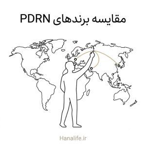 نقشه جهان با سه نقطه کره، اروپا و ایران برای مقایسه برند PDRN — هانالایف