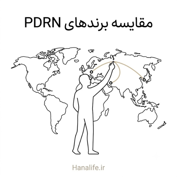 نقشه جهان با سه نقطه کره، اروپا و ایران برای مقایسه برند PDRN — هانالایف