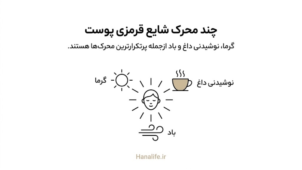 نمادهای آفتاب نوشیدنی داغ و باد بهعنوان محرکهای شایع قرمزی صورت در کنار یک صورت ساده
