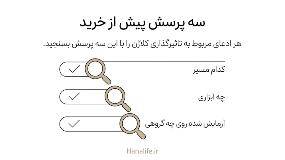 سه ردیف فهرست پیش از خرید با ذره‌بین: مسیر مصرف، ابزار سنجش و گروه مقایسه در ادعای کلاژن