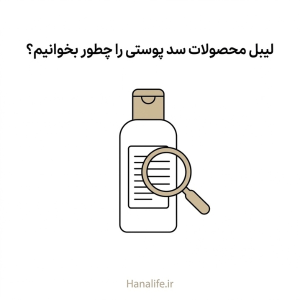 ذره‌بین در حال بررسی دقیق فهرست ترکیبات پشت بطری کرم؛ لیبل محصولات پوستی؛ هانالایف