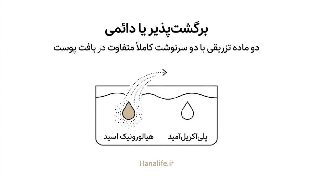 دو ماده تزریقی کنار هم؛ یکی به‌مرور در پوست جذب می‌شود و دیگری دائمی و بدون تجزیه باقی می‌ماند، فرق ژل و فیلر — هانالایف